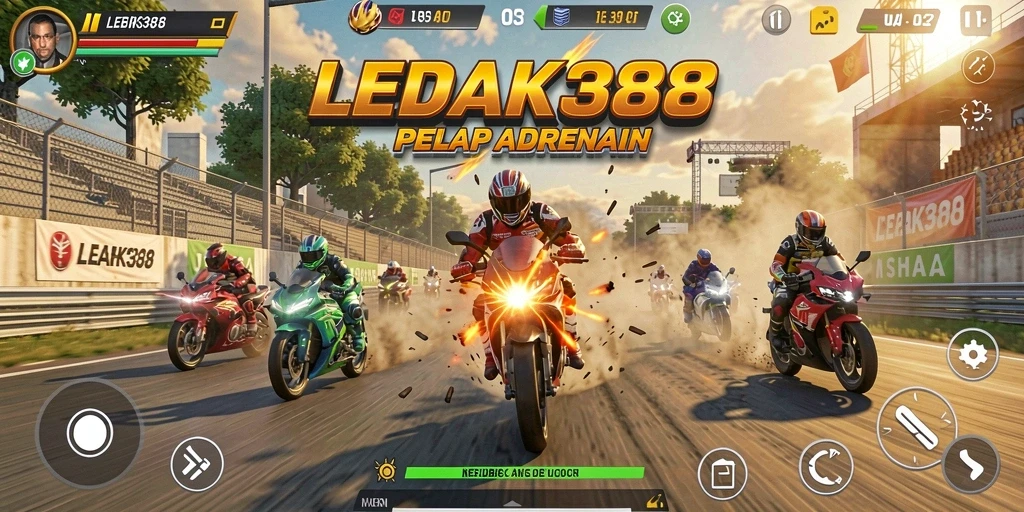 Tampilan gameplay menegangkan dari LEDAK388 saat berlomba di trek balap motor.