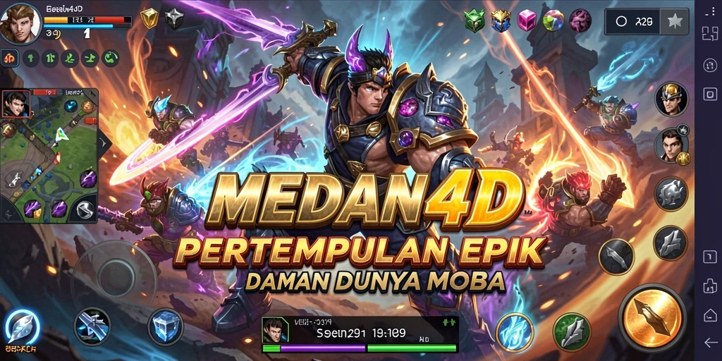 Screenshot utama MEDAN4D menampilkan karakter beraksi di arena pertarungan MOBA.