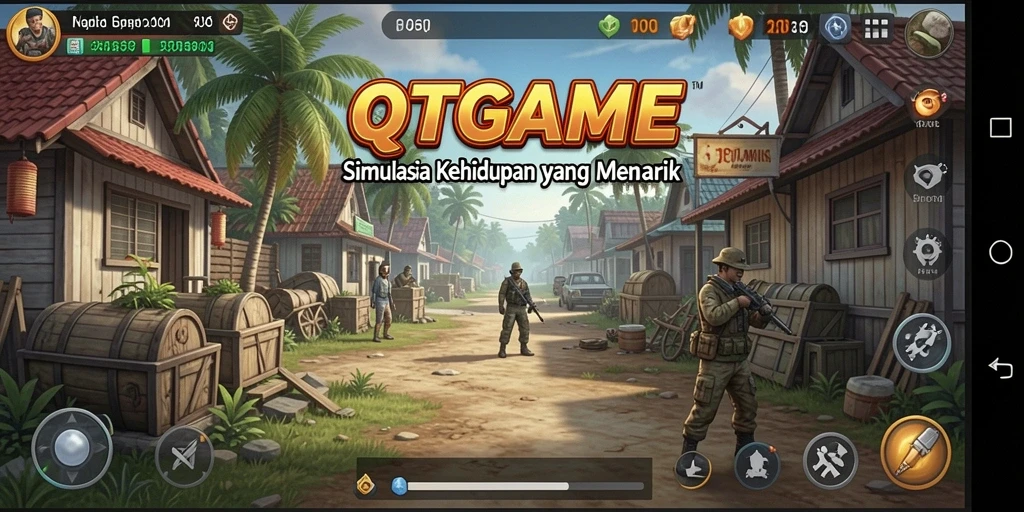 Screenshot gameplay QTGAME menunjukkan karakter berinteraksi dalam kehidupan sehari-hari.