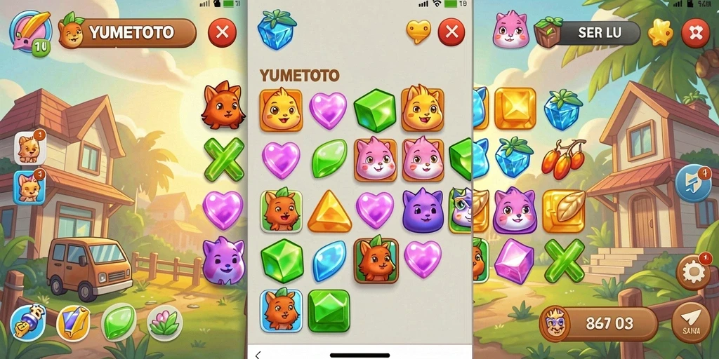 Screenshot gameplay YUMETOTO menampilkan aksi mencocokkan warna-warni yang mengasyikkan.
